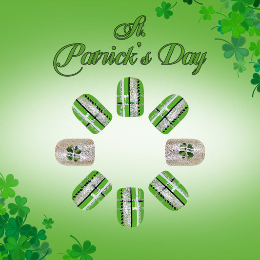 Lucky Charm St. Patrick’s Day Press on Nail Set Short Square Green with Glittery Clover Detail