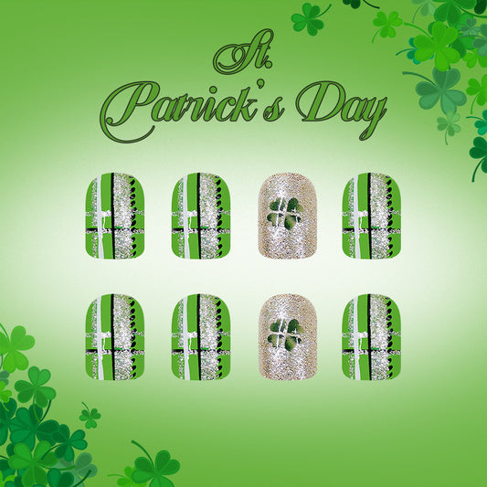 Lucky Charm Green Short Square Ombre Press-on Nail Set with Glittery Shamrock Accent