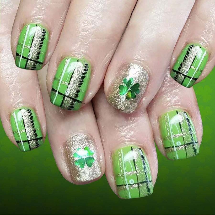 Lucky Shamrock Green Short Square Press On Nail Set with Glittering Accent Design