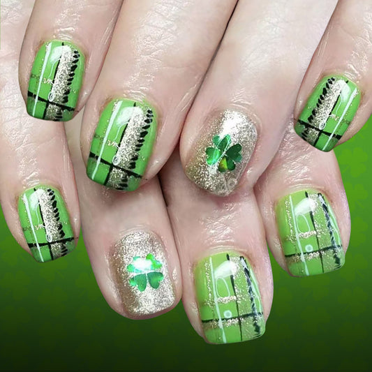 Lucky Shamrock Green Short Square Press On Nail Set with Glittering Accent Design