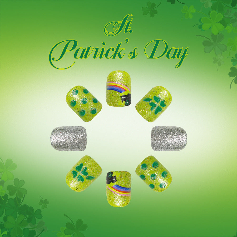 St Patrick's Day Vibrant Green Short Rounded Press On Nail Set with Glitter and Shamrock Design