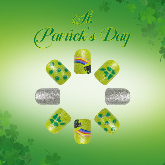 St Patrick's Day Vibrant Green Short Rounded Press On Nail Set with Glitter and Shamrock Design