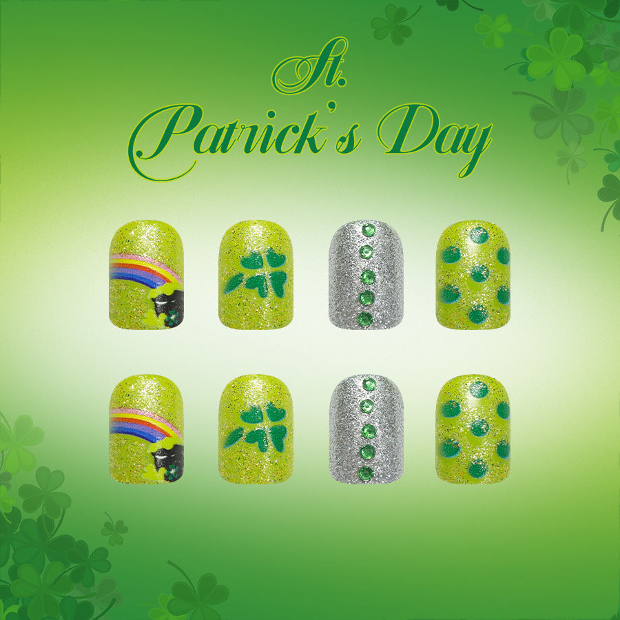 Lucky Charm Glittery Green Short Square Shaped Press On Nail Set with St. Patrick's Day Themed Designs and Embellishments