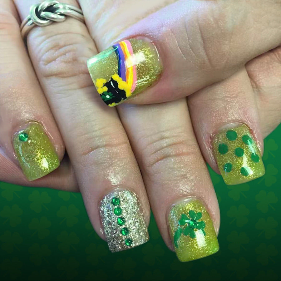Lucky Charm Short Square Glittering Gold and Green Press-On Nail Set with Vibrant Rainbow Accents