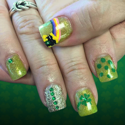 Lucky Charm Short Square Glittering Gold and Green Press-On Nail Set with Vibrant Rainbow Accents