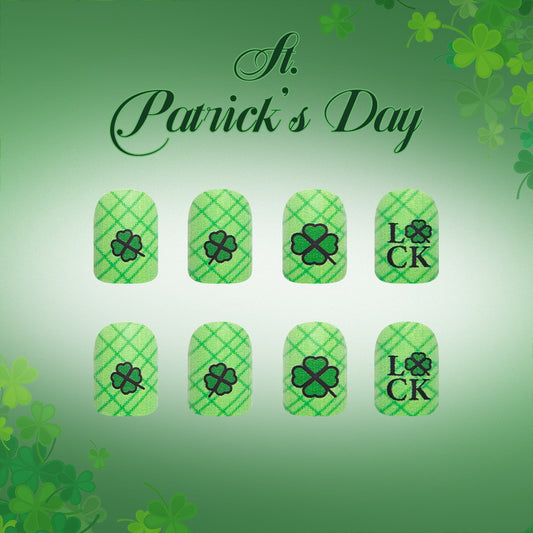 St. Patrick's Day Vibrant Short Square Green Plaid with Lucky Clover Design Press On Nail Set