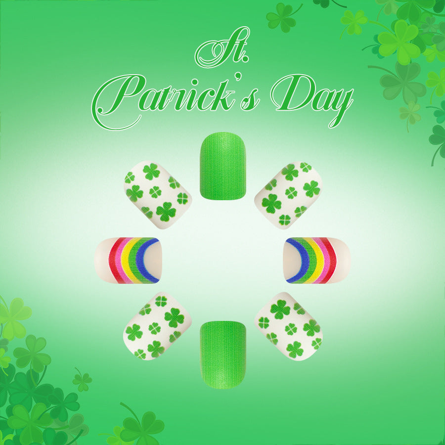 St Patrick's Day Festivity Short Square Green Press on Nail Set with Shamrock Patterns and Rainbow Accents