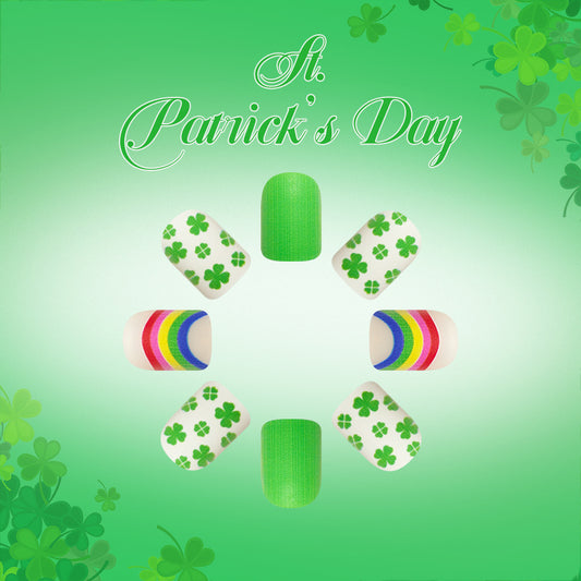 St Patrick's Day Festivity Short Square Green Press on Nail Set with Shamrock Patterns and Rainbow Accents