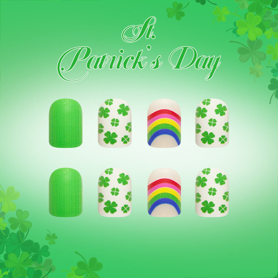 Lucky Charm Green Short Square Nail Set with Shamrock Patterns and Rainbow Accent