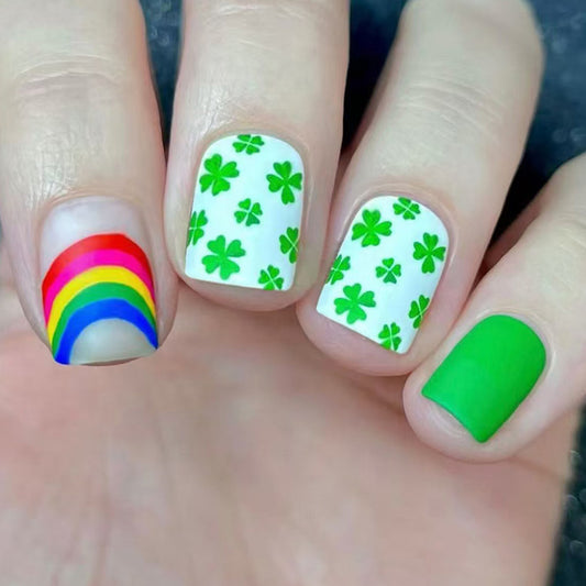 Emerald Bliss Short Square Green Shamrock Theme Press On Nail Set with Rainbow Accent
