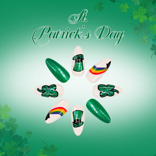 Lucky Charm Emerald Long Almond Press On Nail Set with Glitter and Shamrock Designs
