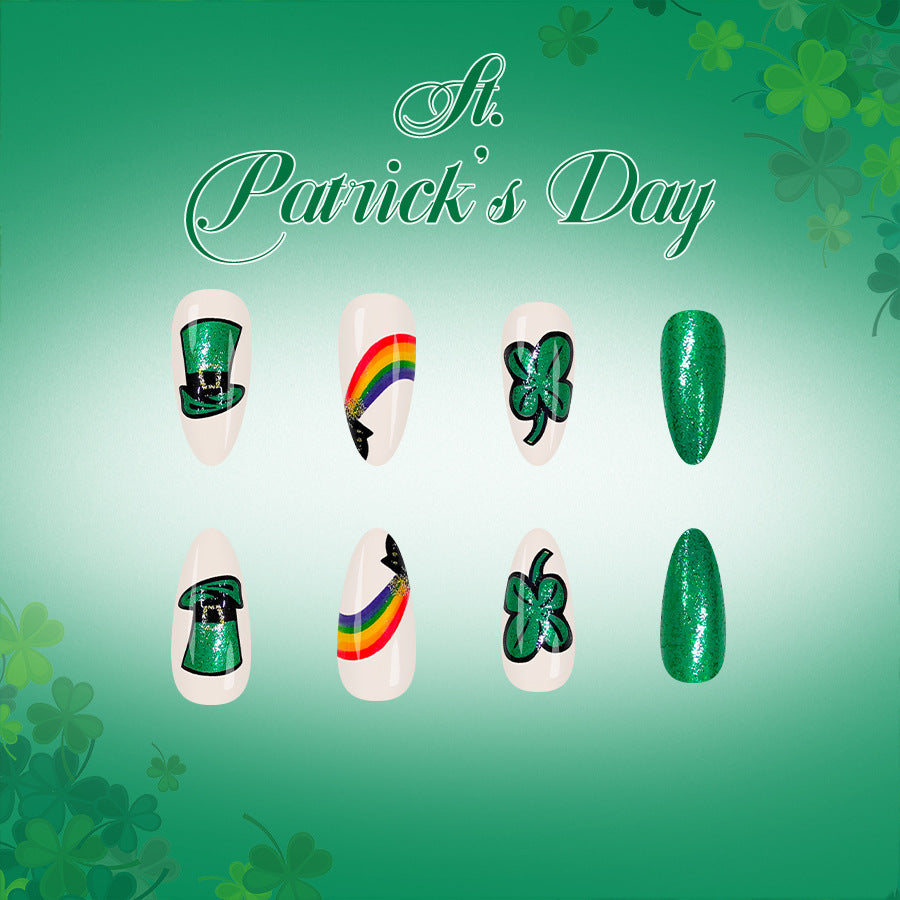 Luck of the Irish Long Almond Green with Glittery Clover and Rainbow Details Press-On Nail Set