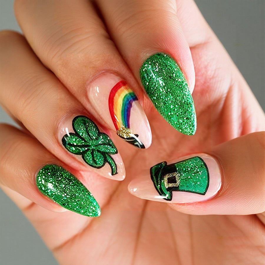 Lucky Charm Emerald Long Almond Green Glitter Press-On Nail Set with Rainbow and Shamrock Design