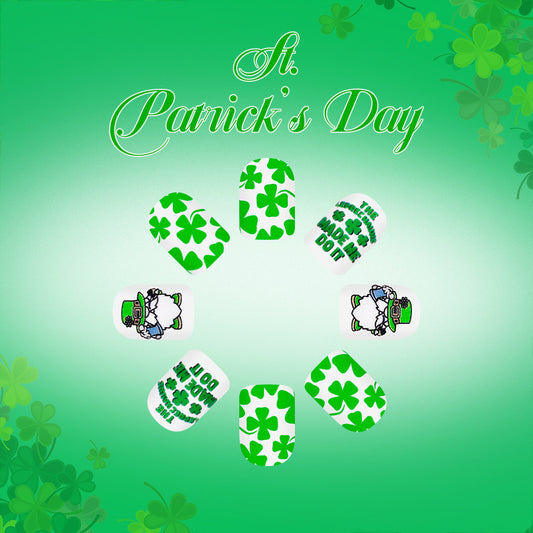Charming St Patrick's Day Short Square Green Nail Set with Fun Shamrock and Whimsical Design