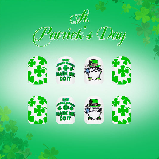 Lucky Charm Green Short Square Press-On Nail Set Featuring Whimsical Leprechaun Design