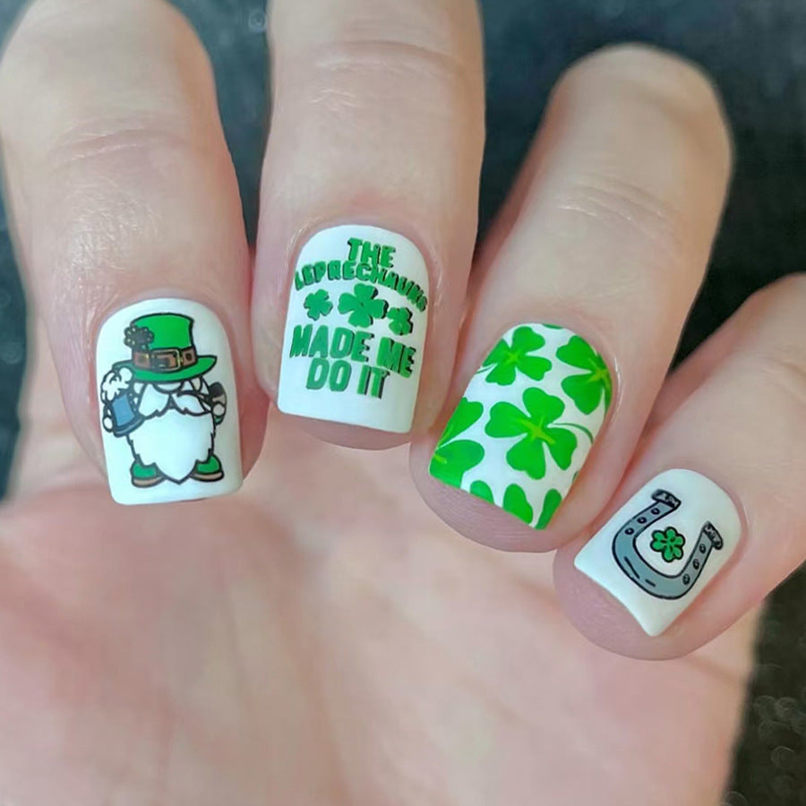 Lucky Charm Short Square Green Press-On Nail Set with Festive Leprechaun Design