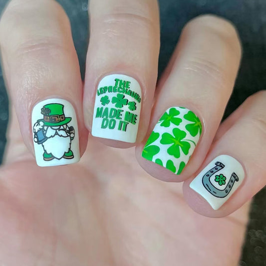 Lucky Charm Short Square Green Press-On Nail Set with Festive Leprechaun Design