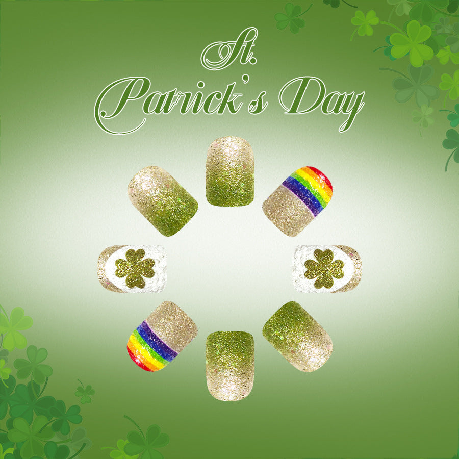 Lucky Charm St Patrick's Day Glitter Green Short Square Press on Nail Set with Rainbow Accents and Shamrock Designs