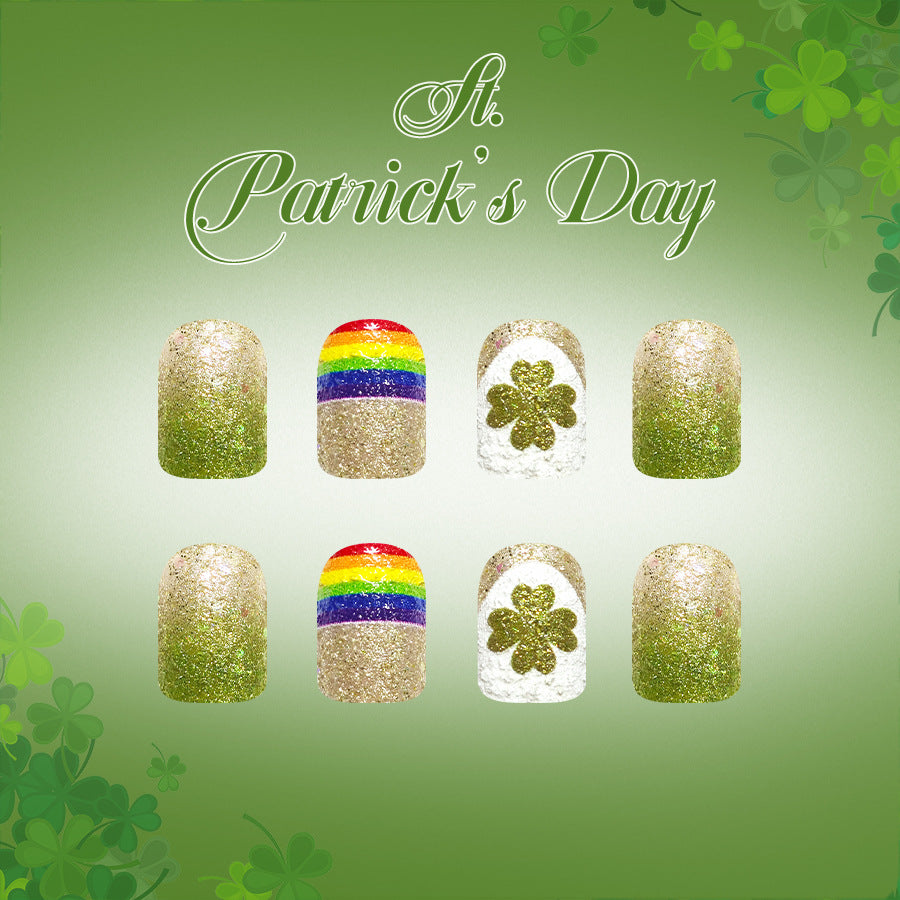 Lucky Charm Collection Glamorous Short Square Glittery Green Press-On Nail Set with Rainbow and Shamrock Design