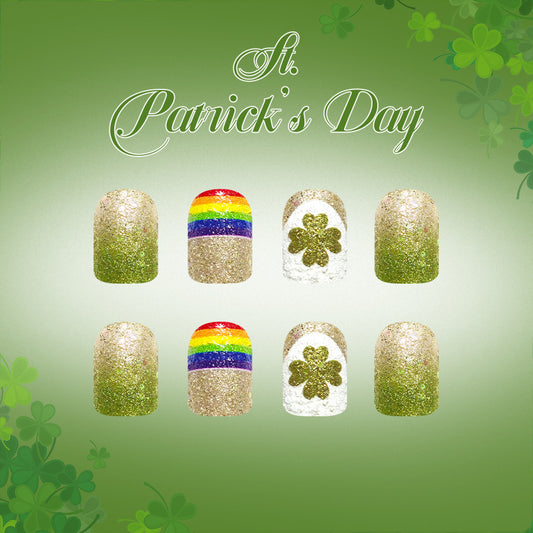 Lucky Charm Collection Glamorous Short Square Glittery Green Press-On Nail Set with Rainbow and Shamrock Design
