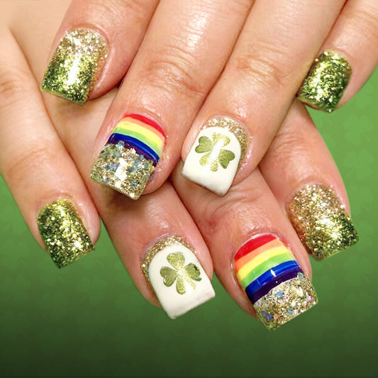 Lucky Rainbow Short Square Glitter Press On Nail Set with Shamrock Design and Golden Sparkle
