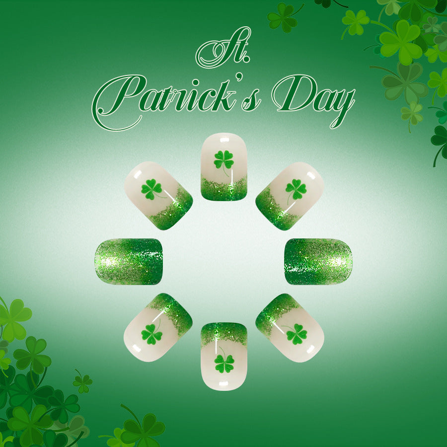 Lucky Charm Press On Nail Set in Short Square Green Glittery Ombre with Shamrock Design