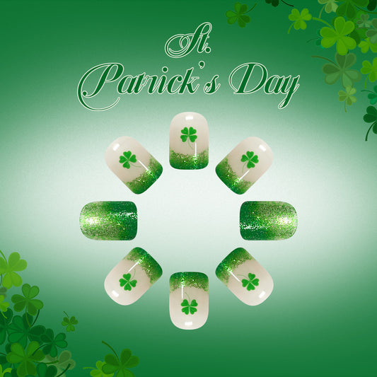 Lucky Charm Press On Nail Set in Short Square Green Glittery Ombre with Shamrock Design