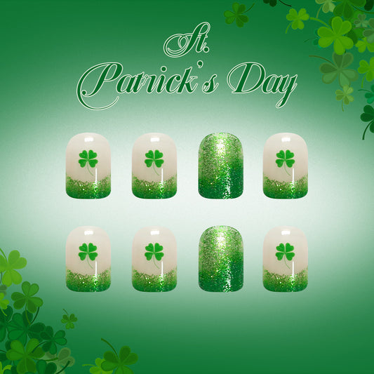 Lucky Charm St Patrick's Day Press On Nail Set Short Square Green Glitter Shamrock Design