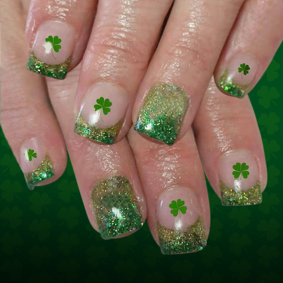 Lucky Charm Green Short Square Press-On Nails with Glitter and Shamrock Design
