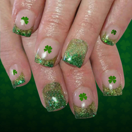 Lucky Charm Green Short Square Press-On Nails with Glitter and Shamrock Design