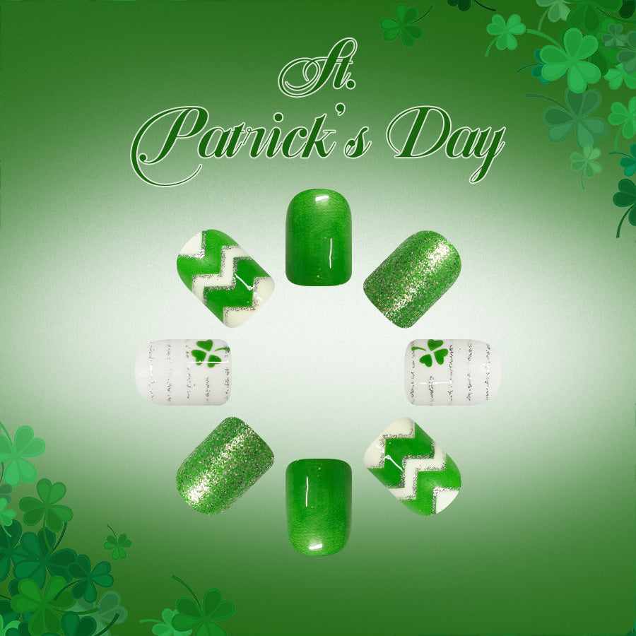 Festive St Patrick's Day Short Square Green Glitter and Shamrock Pattern Press On Nail Set