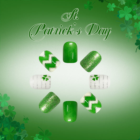 Festive St Patrick's Day Short Square Green Glitter and Shamrock Pattern Press On Nail Set