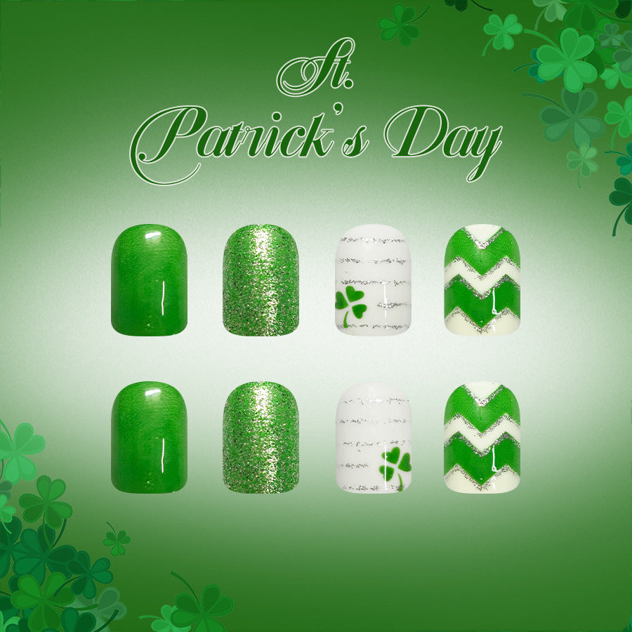 St Patricks Day Festivity Radiant Short Square Green Nails with Glitter and Shamrock Accents