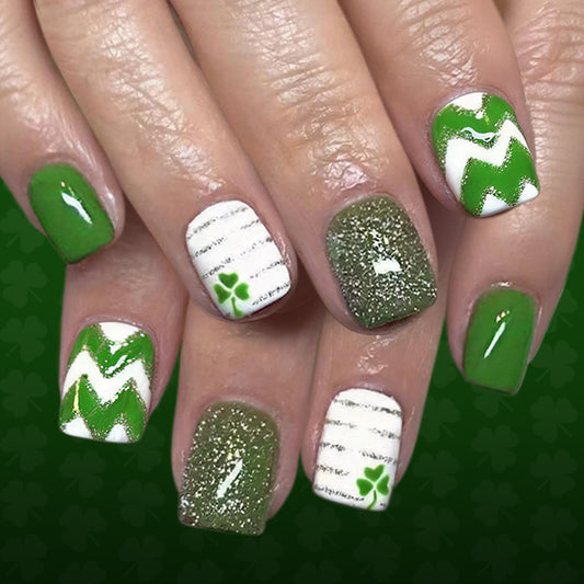 Luck of the Irish Emerald Green Short Square Nails with Glitter and Shamrock Design