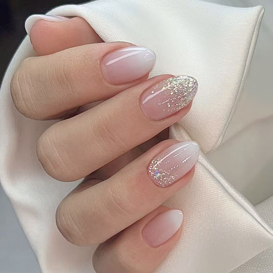Dreamy Elegance Short Oval Milk Pink Ombre with Glitter Accents Press-On Nail Set