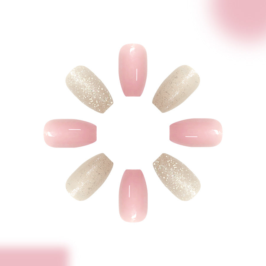 Charming Blossom Medium Coffin Pink and Beige Glitter Press on Nail Set