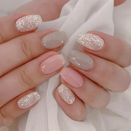 Glamorous Dreamscape Medium Coffin Shaped Sparkling Rose Gold and Silver Press On Nail Set with Glitter Accents