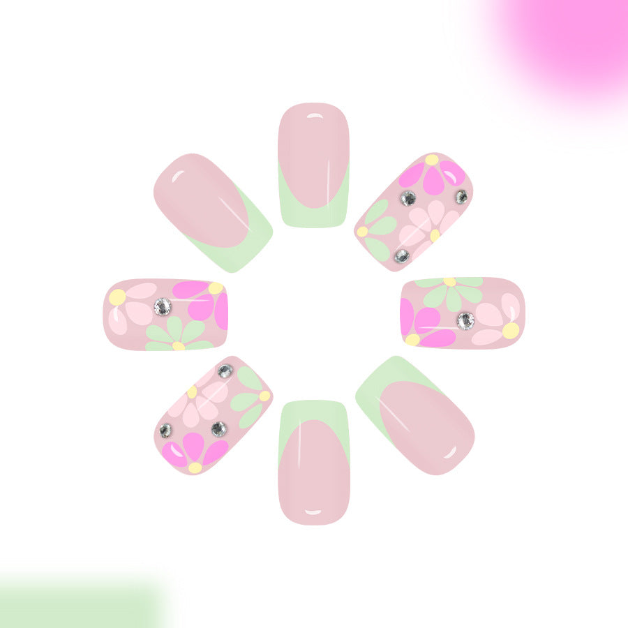 Blooming Spring Elegance Medium Square Pink and Mint Floral Press On Nail Set with Crystal Accents