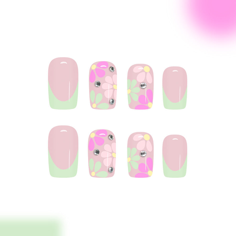 Spring Blossom Elegant Medium Square Pink and Green Floral Design with Sparkling Accents Press-On Nail Set