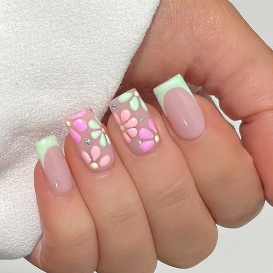 Blossoming Spring Pastel Medium Square Press on Nail Set with Floral Design and Glitter Accents