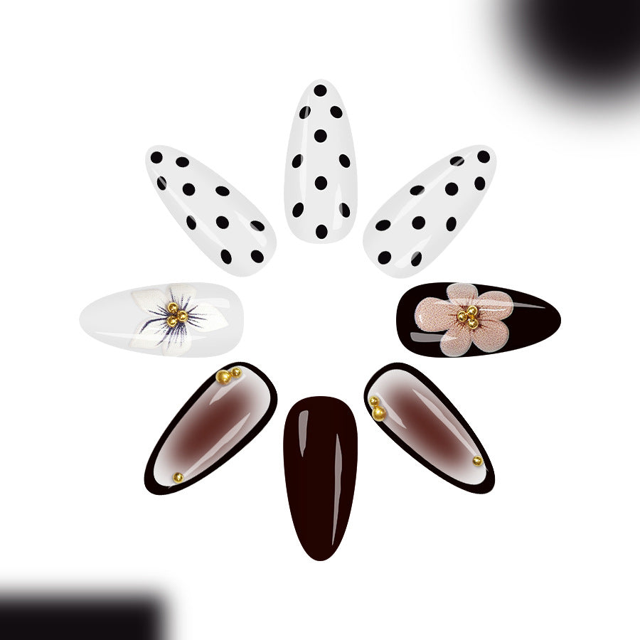 Chic Floral Delight Long Almond White and Black Polka Dot with Elegant Flower and Gold Accents Press On Nail Set