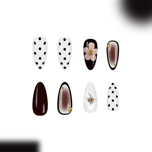 Chic Garden Vibes Long Almond Black and White Polka Dot Press On Nail Set with Floral Accent