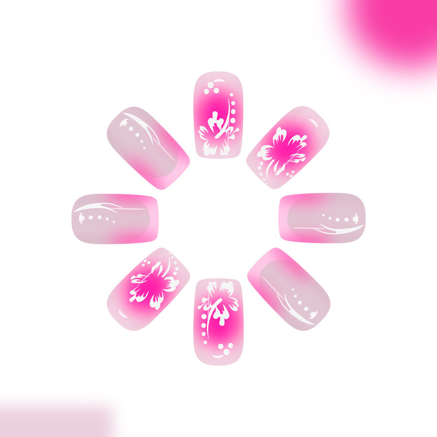 Blossom Inspired Medium Square Pink Ombre Nail Set with Elegant Floral Designs