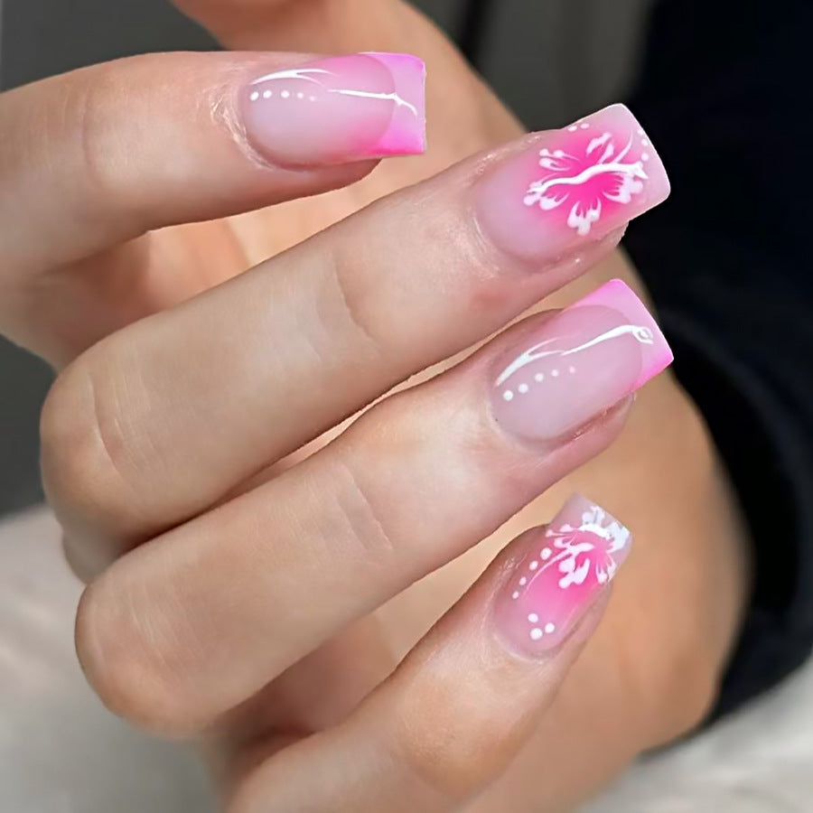Tropical Bliss Medium Square Ombre Pink Press On Nail Set with Floral Accents