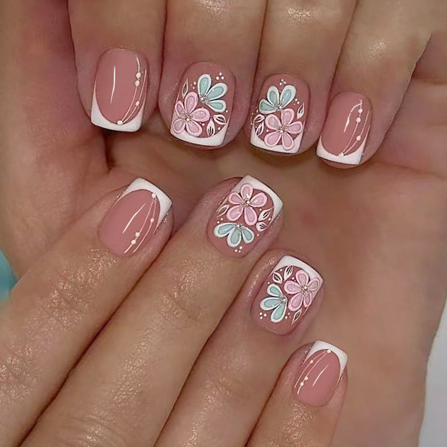 Blooming Elegance Short Square Pink and White Floral Press-On Nail Set