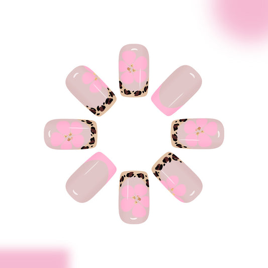 Floral Fantasy Square Medium Pink Beige Press-On Nail Set with Charming Leopard Print Accents