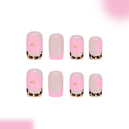 Chic Blossom Delight Medium Square Pink and Beige Floral Pattern with Leopard Accents Press On Nail Set