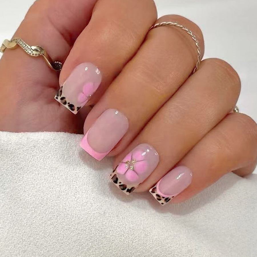 Blossom Wonderland Medium Square Pink Transparent Nails with Floral and Animal Print Accents