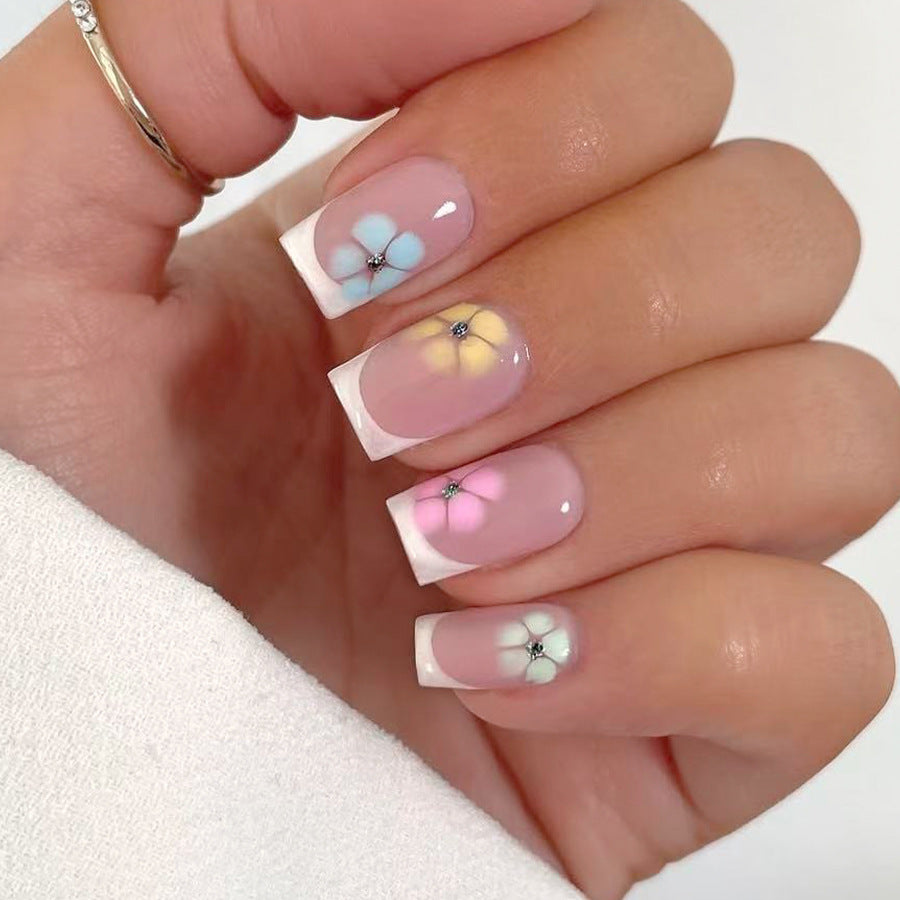 Spring Blossom Dream Press-On Nail Set with Medium Square Shape Light Pink Color and Floral Accent Design