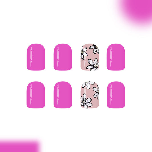 Floral Bliss Glossy Short Square Bright Pink with Elegant Flower Accent Press On Nail Set